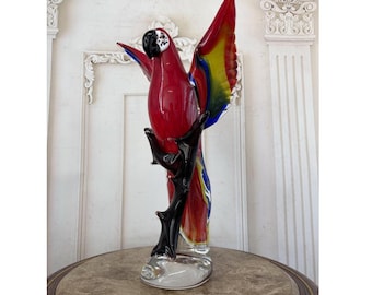 Colorful Glass Parrot - Venetian Statue - Italian Figure - Vintage Parrot - Home and Office Decor