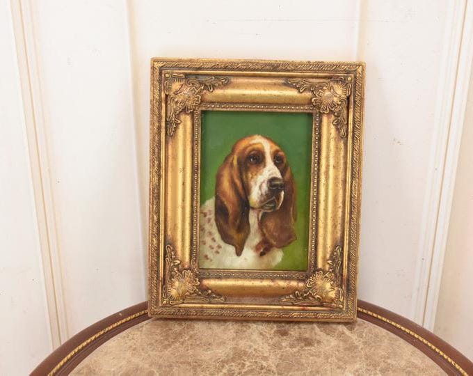 Vintage Dog Portrait Oil Painting – Golden Frame, Oil on Wood Wall Art