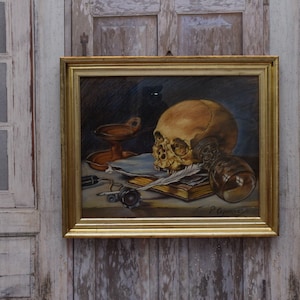 Unique Painting Memento Mori Paul Cezanne Style Skull Old Pastel on Carton Handmade Vintage Painting Horrible Gift Idea Wall Decor image 8