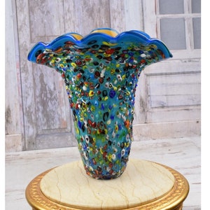 Unique Blue Vase Murano Style Glass - Handcrafted Flower Pot - Vase with Seashells Design - Gift Idea for Her - Italian Glass - Home Decor