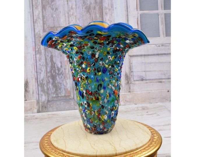 Unique Blue Vase Murano Style Glass - Handcrafted Flower Pot - Vase with Seashells Design - Gift Idea for Her - Italian Glass - Home Decor