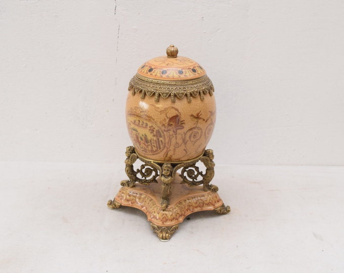 Egg Porcelain with Bronze Ornaments - Porcelain Casket - Unique Box - Two Angels Figurines and Floral Ornaments - Art Deco Gift - Home Decor