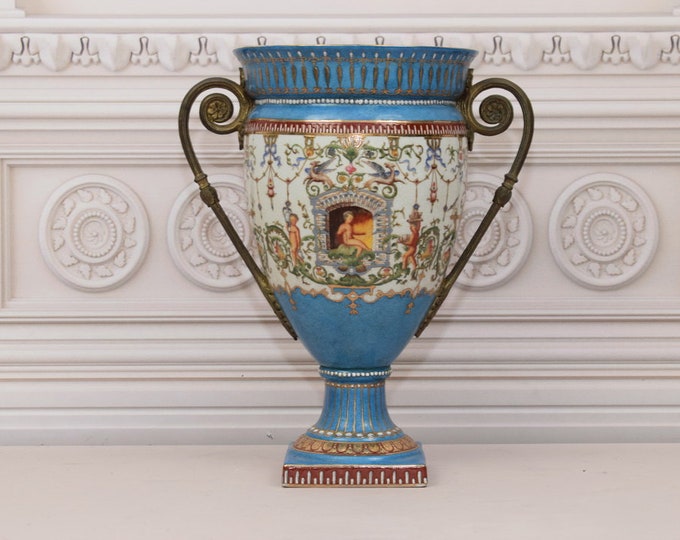 Large Blue Porcelain Flower Pot - Vase Porcelain and Bronze Ornaments - Gilded Porcelain Flowers Ornaments - Home Decor - Gift for Wedding