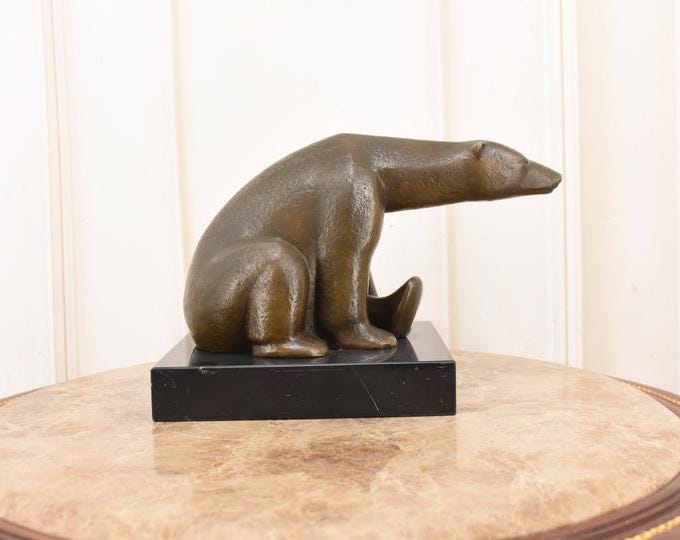 Signed Bronze Polar Bear Statue – French Vintage Animal Sculpture – Heavy Home Decor