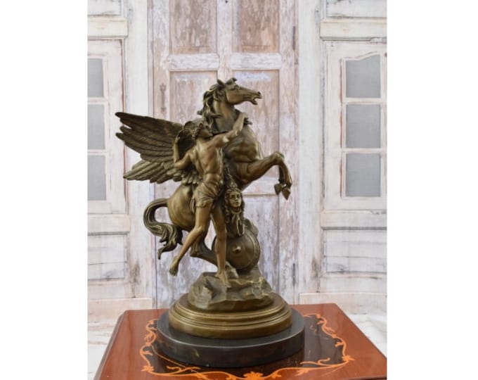 Art Work Big Perseus with Meduza Bronze Statue - Head Pegasus Sculpture - Mythology Figurine - Home Decor - Gift Idea -