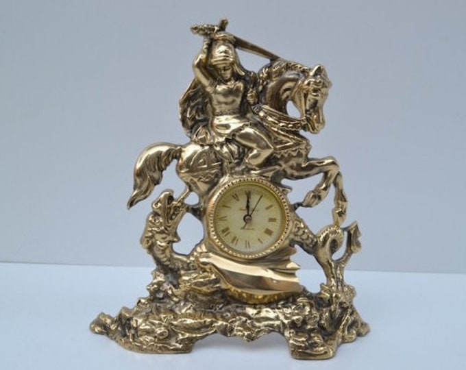 Luxury Brass Table Clock St. George on Horse - Table Clock - Fireplace Clock - Exclusive Gift Idea