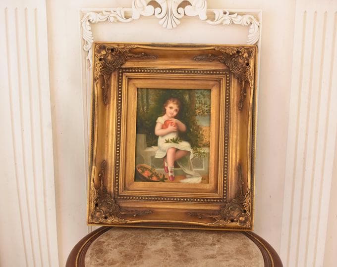 Vintage French Oil Painting Young Woman – Classical Female Portrait Wood Art