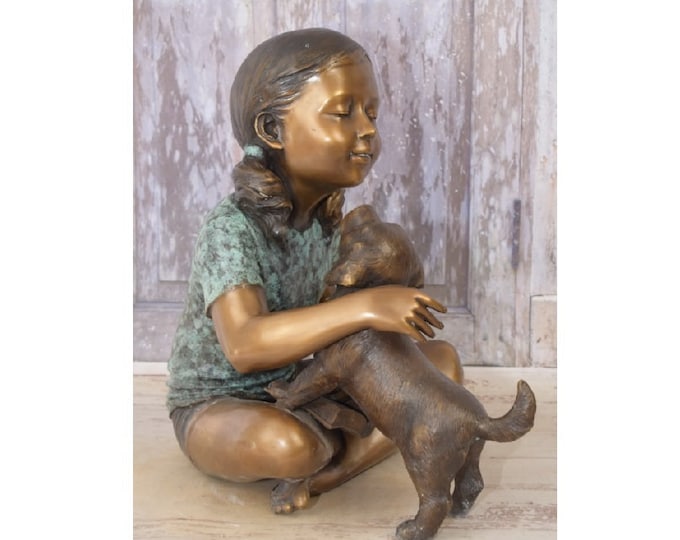 Bronze Statue Young Girl with Dog - Amazing Garden Statue - Beautiful Bronze Child with Friend - Sculpture Bronze - Decorated for Garden
