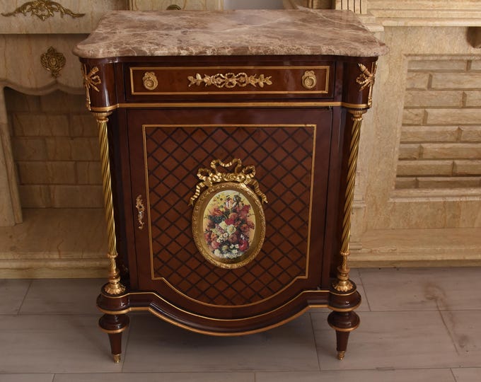 Louis XVI Style Marquetry Commode: Marble Top, Bronze Ormolu, Porcelain Medallion