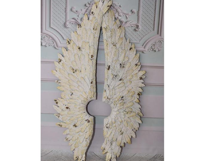 Rustic Metal Set Angel Wings - Wall Art - Wall Decor - White and Gold HandMade Decor - Gift Idea - Home Decor - Heart Angel