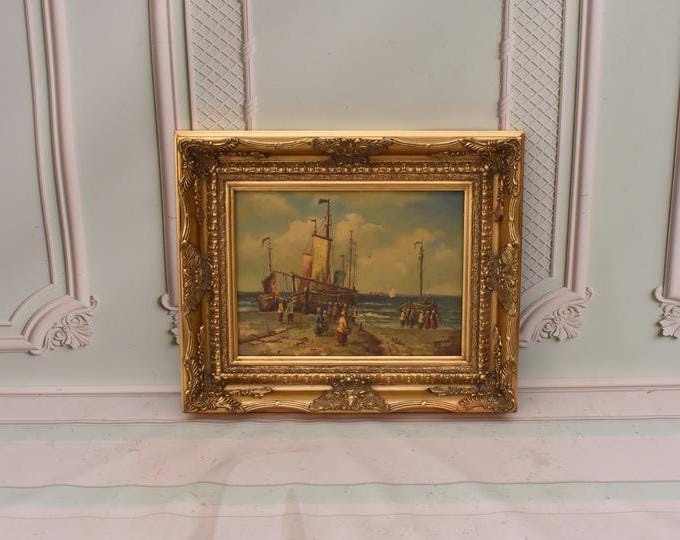 Vintage Painting Ship in Port – Handmade Nautical Art with Gold Frame – Sea Wall Decor – Gift for Ocean Lovers - Home Decor