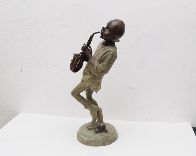 Signed Bronze Gnome Trumpet Statue – Patina Garden Elf Figurine, Vintage Fantasy Decor