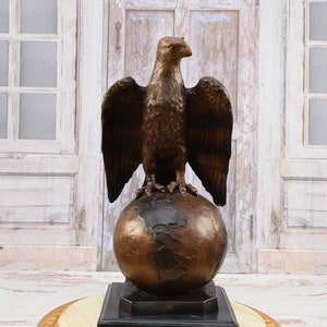 Eagle on Globe Bronze Statue -  Solid and Heavy Sculpture - Large Eagle Figurine - Gift Idea to Office - Home Decor - Housewarming Gift