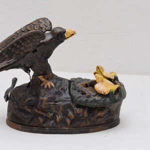 J et E Stevens Banc mécanique en fonte Aigle et aiglons v. 1883 - Tirelire mécanique, jouet, cadeau, style vintage