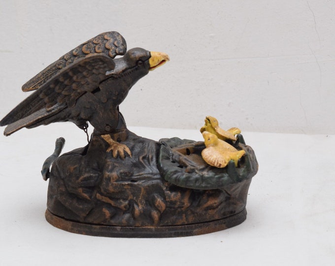 Vintage J and E Stevens Cast Iron Eagle & Eaglets Mechanical Bank c. 1883