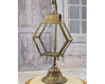 Vintage French Lantern: Country Bronze Metal Hanging Lamp