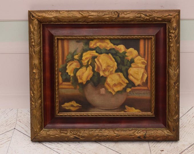 Antique Painting - Flowers Painting in Golden Frame - Oil on Wood - Polish Art - Flower Wall Art Decor - Home Decor - Gift for Birthday