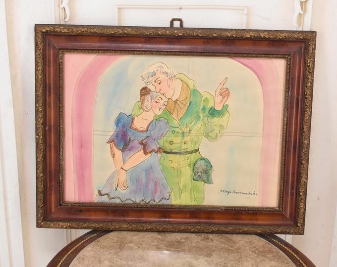 Maja Berezowska – Embracing Lovers – Intimate Couple – Watercolor & Ink on Paper – Vintage Artwork