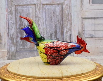 Large  Glass Hen Figurine: Rainbow Venetian Sculpture