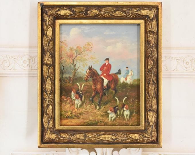 Vintage Polish Oil Painting – Hunter, Horse & Dogs