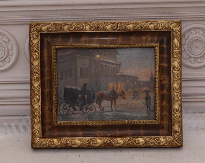 Painting Polish Aristocrats on Cab - Goldene Frame - Horse Art Carriage - Oil on Wood - Polish Art - Wall Decor - Gift for Birthday Wedding