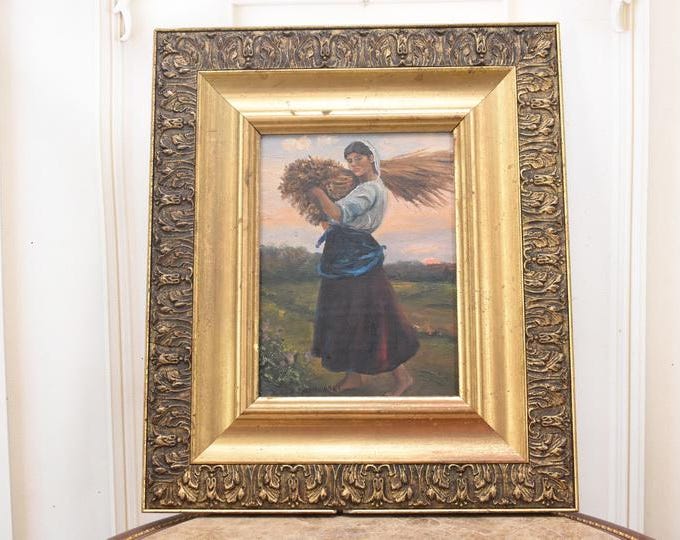 Antique Nocturne Oil Painting on Wood – Woman with Sickle, Unique Frame Chelmonski