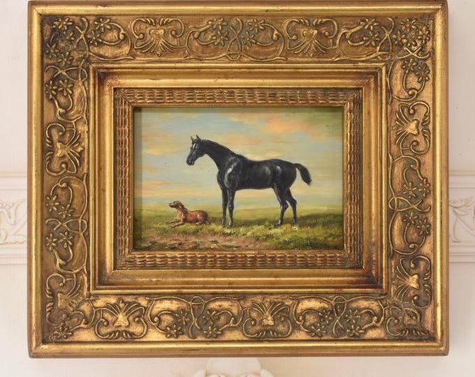 Oil Horse Painting - Gold Frame, French Art Wall - Vintage Decor