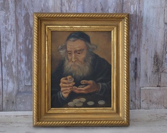 Antique Painting L. Lille - Jew with Gold Coins - Old Painting on Canvas - Jewish Antique Painting - Wall Decor - Home Decor