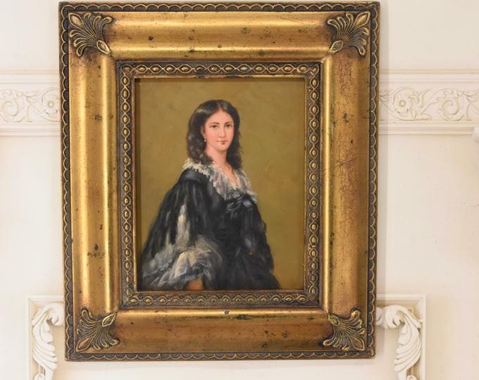 Painting Portrait French Aristocrat - Goldene Frame - Portrait Woman - Old Oil on Wood - French Art - Wall Decor - Gift for Birthday Wedding