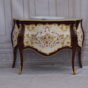 French Commode – Bathroom Vanity with Sink, Hand-Painted Design, Louis XVI Style, Vintage Furniture - Home Decor - Gift Idea