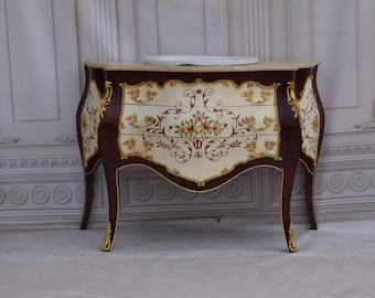 French Commode – Bathroom Vanity with Sink, Hand-Painted Design, Louis XVI Style, Vintage Furniture - Home Decor - Gift Idea