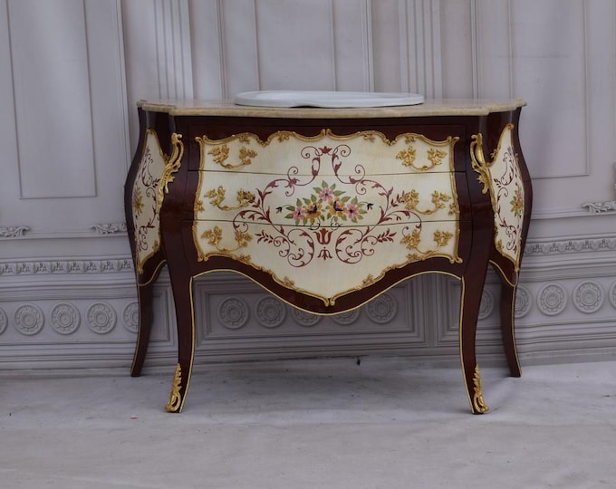 French Commode – Bathroom Vanity with Sink, Hand-Painted Design, Louis XVI Style, Vintage Furniture - Home Decor - Gift Idea