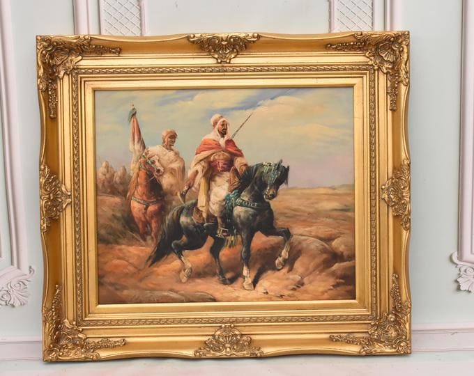 Oriental Arab Horsemen Oil Painting | Bedouin Desert Scene on Canvas | Vintage Exotic Wall Art