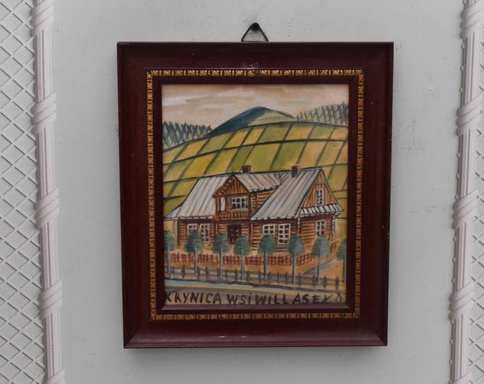 Nikifor Krynicki Painting – Old Krynica Zdroj – Pastel on Carton – Abstract Urban Architecture – Polish Art Gift