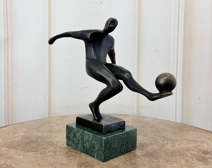 Signed Bronze Football Player Figurine - Soccer Player Kicking Ball - Vintage Sports Statue on Marble Base