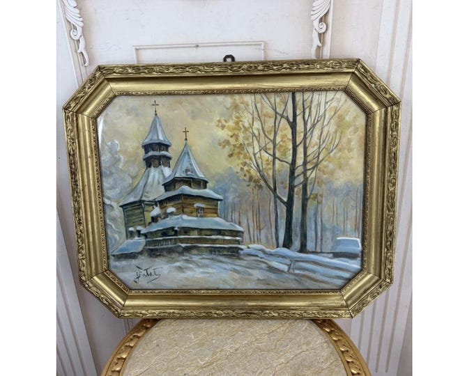 Antique Pastel Painting – Wooden Church in Winter – Signed J. Falat – Pastel on Cardboard – Cracow Collect
