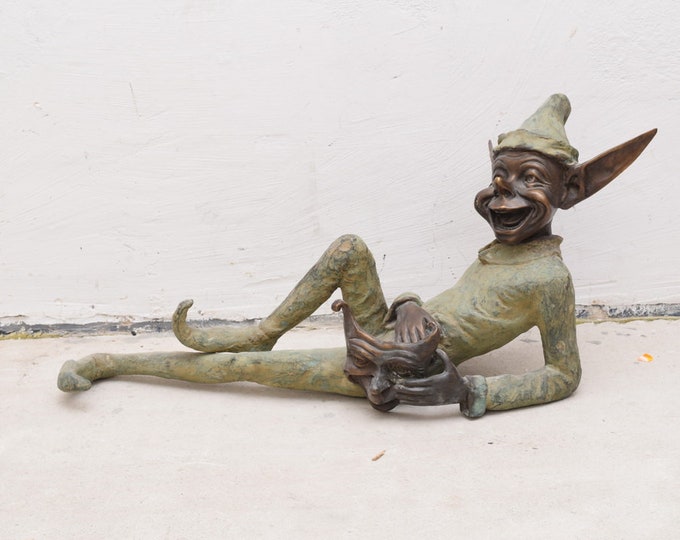 Amazing Big Gnome Pixie with Mask Funny Bronze Sculpture Figure Gift Idea Garden Home Decor Instrument