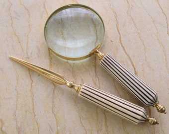 Magnifier and Letter Opener Set - Office Accessories Set of 2 Decorative Shiny Brass - Art Work Elegant Gift Idea - Home and Office Decor