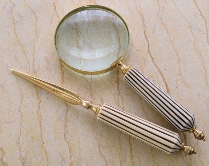 Magnifier and Letter Opener Set - Office Accessories Set of 2 Decorative Shiny Brass - Art Work Elegant Gift Idea - Home and Office Decor