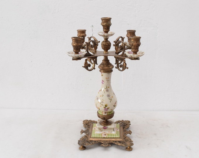 Porcelain candelabrum with bronze ornaments - porcelain mounted candleholder for 6 candles - luxury gift -