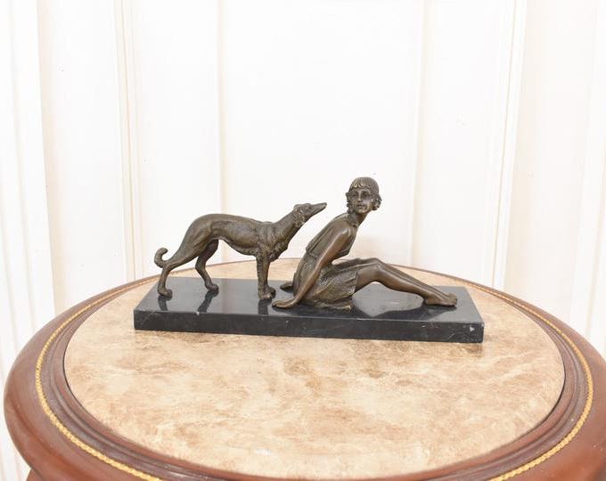 Art Deco French Bronze Sculpture – Girl with Greyhound on Marble