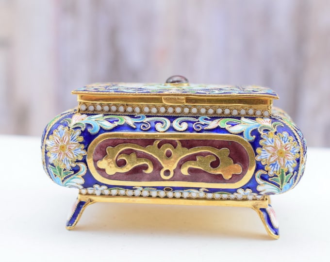 Diamond Box Faberge Style Silver Enamel - Jewish Sugar Box - Silver Enamel Russia 84 - Exclusive Silver Gift Idea