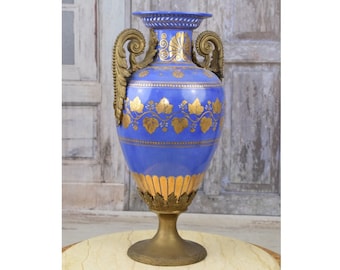 Vase antique en porcelaine bleue - Pot de fleur et ornements en bronze - Porcelaine dorée - Vase Art nouveau en bronze ancien - Décoration d'intérieur - Cadeau de mariage