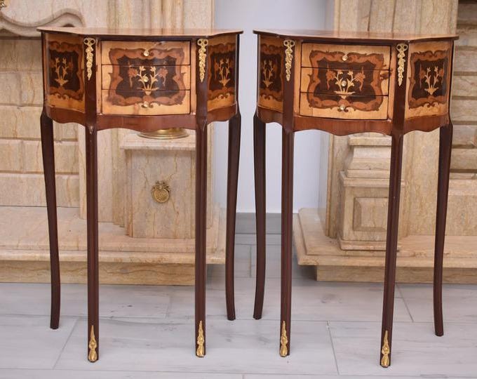 Louis XVI Style Nightstands - Wooden Console Table with Bronze Ornaments (Set of 2)