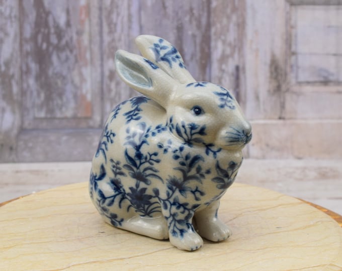 Beautiful Hare - Figurine Porcelain Rabbit - Blue Rabbit Statue - Flowers Design Hare - Art Deco Style - Gift for Wedding