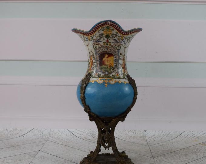 Large Blue Porcelain Flower Pot - Vase Porcelain and Bronze Ornaments - Gilded Porcelain Flowers Ornaments - Home Decor - Gift for Wedding