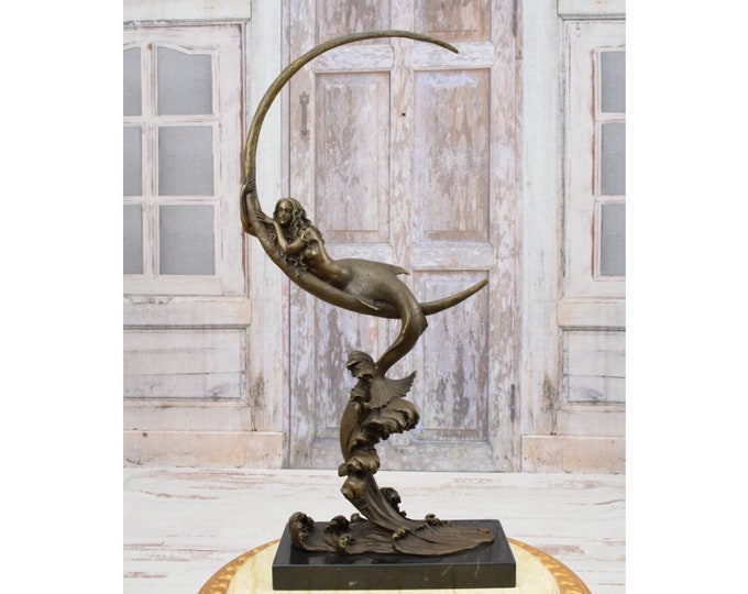 Mermaid on Half Moon - Bronze Figurine on Marble Base - Bronze Fairy Lying on the Moon - Exclusive Gift Idea -