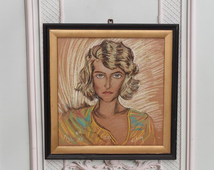 Antique Painting - Portrait Woman Witkacy - Old Painting on Carton - Drawing Pastel Art Nouveau - Home Decor - Wall Decor - Wall Art
