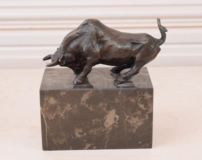 Bull Wall Street Statue Bronze on Marble Base - Stock Market Bullish Sentiment - Premium Bronze Sculpture - Bull Art Work - Unique Gift