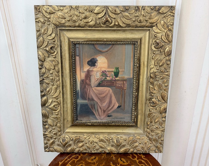 Antique Lady at Writing Desk Oil Painting - Mehoffer Style - Interior Portrait - Oil on Wood - Ornate Gold Frame